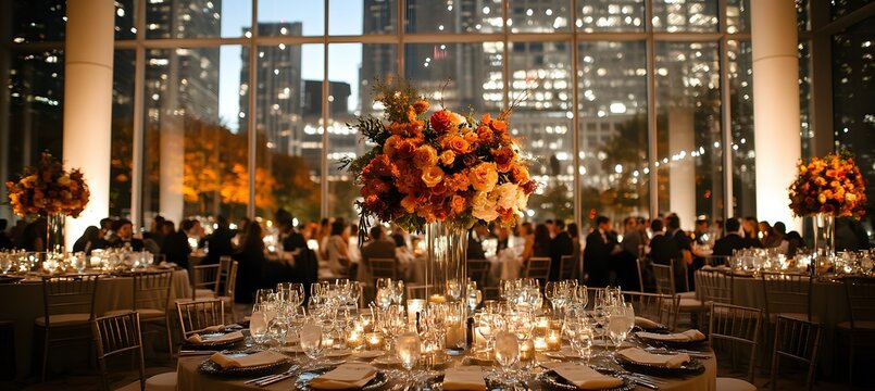Elegant corporate event venue with ambient lighting and sophisticated table settings for upscale business functions
