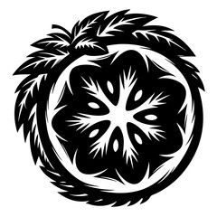 Abstract botanical circle with floral and fruit elements creating a bold pattern