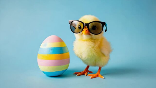 happy easter concept holiday greeting card - Cool cute chick with sunglasses and easter egg, isolated on blue background
