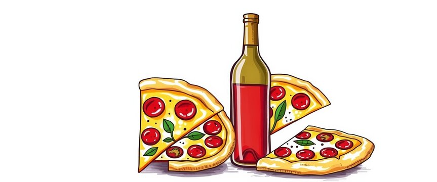 Hand-drawn crayon style illustrations of wine bottle and Italian pizza slices Perfect for menus or party invitations, hand-drawn, retro