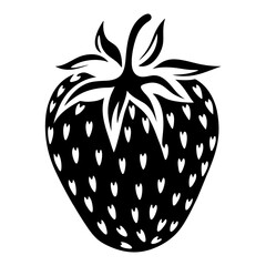Stylized black and white strawberry vector illustration with prominent seeds and leaves