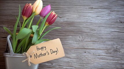 Mother's Day gift flowers. Wooden background, space for text.