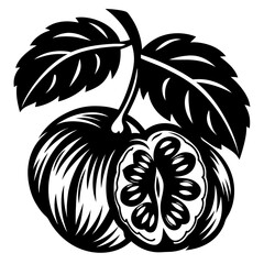 Black and white vector illustration of a sliced fruit with leaves