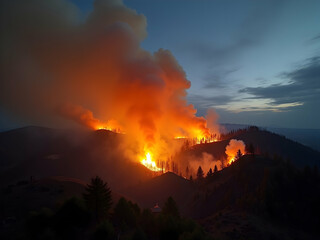 Fototapeta premium Dramatic Aerial View of a Devastating Wildfire Engulfing a Mountain Range at Dusk, Showcasing the Ferocity and Scale of the Blaze Against the Night Sky
