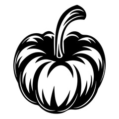 Monochromatic image of a pumpkin with detailed carvings and a prominent stem