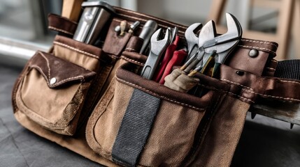 Neatly arranged tools on a technician's belt, showcasing precision and readiness for skilled craftsmanship.