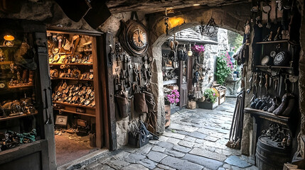 Naklejka premium Antique shop alleyway, cobblestone street, artisan crafts, medieval village, European travel