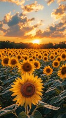 Fototapeta premium A field of sunflowers with a beautiful sunset in the background