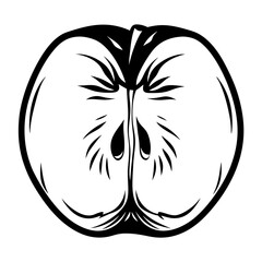 A simplistic black and white apple cross section illustration showing the seeds