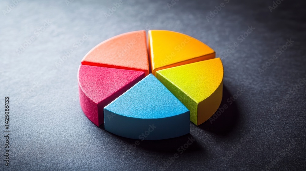 Poster colorful 3d pie chart sections on dark background.