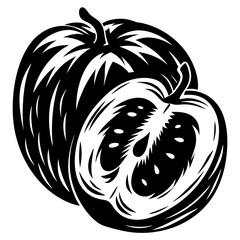 Stylized black and white illustration of a halved tomato displaying seeds