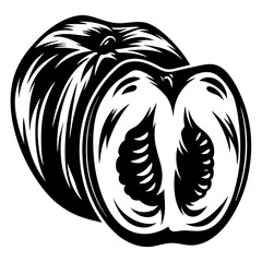 Stylized illustration of a peach cut in half, in black and white
