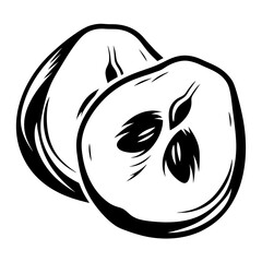 Illustration of two halves of fruit with seeds in black and white