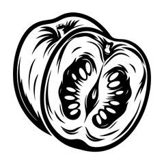 Monochrome pumpkin cut in half showcasing seeds and interior flesh design