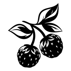 Two elegant strawberries with leaves in black and white vector illustration
