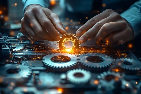 Dynamic business environment showcasing the concept of business agility, with symbols representing company transformation towards higher efficiency and rapid adaptation to market changes,


