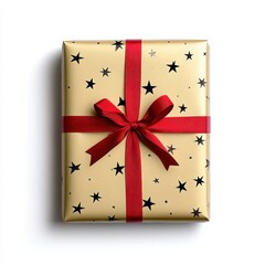Gold Gift Box with Red Ribbon and Star Pattern