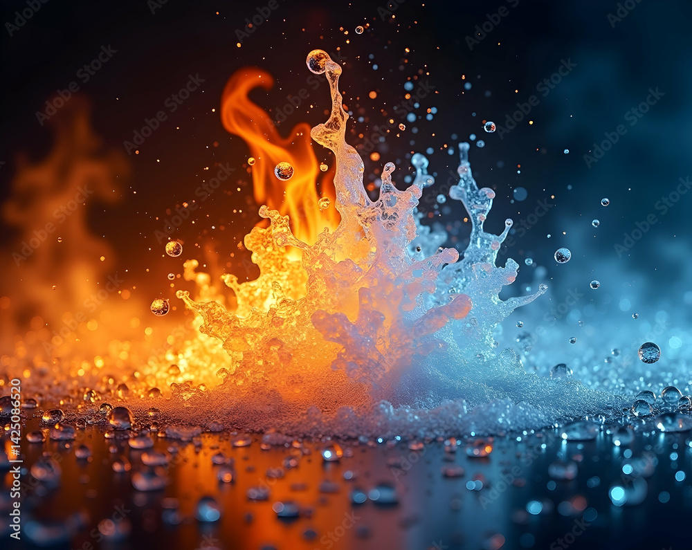 Poster dynamic interplay of fire and ice with a dual-tone flame transition creating a visually stunning and