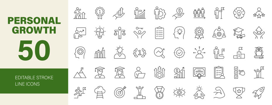 Personal Growth icon set. Containing vision, creativity, leadership, success, career progress, professional, coaching, strategy and more. Editable line icons. Vector illustration.