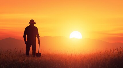 Silhouette of a Farmer at Sunset in the Countryside, may day illustration, may day