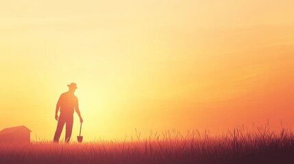 Silhouette of a Farmer at Sunset in the Countryside, may day illustration, may day