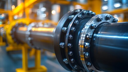 Obraz premium Close-up of metal pipe flange with bolts symbolizing industrial safety and sealed gasket connection 