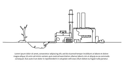 Naklejka premium Continuous one line design of industrial factory with pollution. Minimalist style vector illustration on white background.