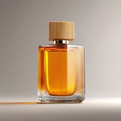 Perfume bottle with golden liquid and wooden cap isolated on gray background