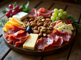 Elegant charcuterie board featuring an array of artisanal cheeses, cured meats, fresh grapes and assorted nuts displayed on a wooden surface for an intimate gathering