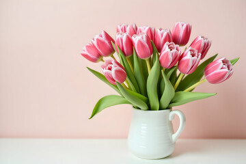 Obraz premium Elegant composition showcasing a white vase filled with a lush bouquet of fresh pink tulips on a pristine white table against a soft pink backdrop
