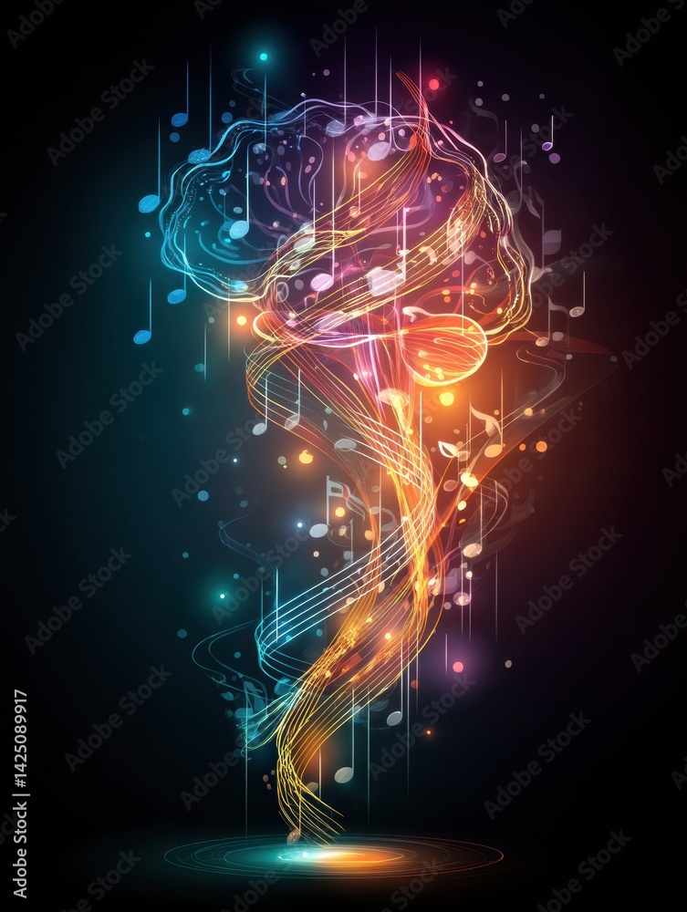 Fototapete Happy Brain Icon Surrounded by Music Notes and Glowing Light Patterns Creating a Vibrant Atmosphere of Creativity and Joy