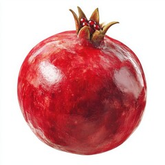 Close up view of a single ripe pomegranate fruit with its crown isolated on white background
