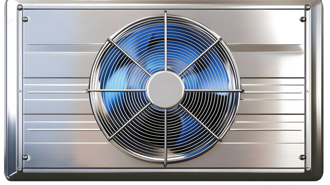 Industrial Fan Illustration With Silver Metal and Blue Blades for Ventilation