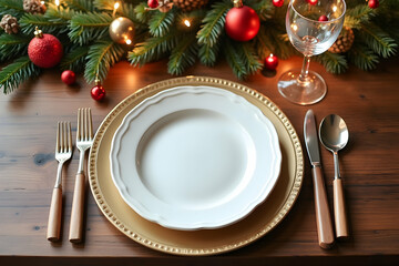 Elegant festive holiday table setting featuring an empty plate area for personalized dining experiences and showcasing a refined seasonal celebration ambiance