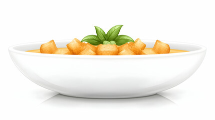 Creamy soup with croutons and basil garnish in white bowl, isolated on white background, perfect for recipe websites or food blogs