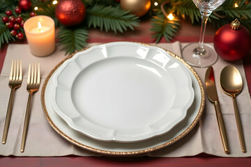 Elegant festive holiday table arrangement featuring an empty plate, candle, baubles, and dinnerware creating a warm and inviting atmosphere for celebrations