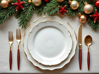 Elegant festive holiday table setting showcasing empty plates adorned with golden rims, complemented by decorative ornaments and stylish cutlery arrangements for a special occasion