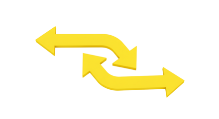 Two yellow arrows curving and pointing in opposite directions on a black background plane