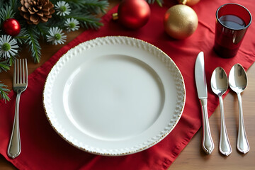 Elegant Festive Holiday Table Setting with Empty Plate Area for Personalized Culinary Creations and Memorable Gatherings, Perfect for Celebratory Meals