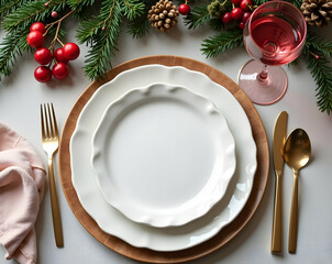 Elegant Festive Holiday Table Setting with White Plates Gold Cutlery and Natural Decorations Awaiting Guests for a Special Celebration