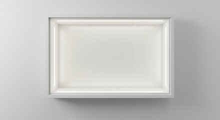 Empty illuminated glass showcase with mock up place on white wall backdrop. 3D Rendering