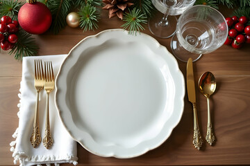 Elegant festive holiday table setting with empty plate, complemented by golden cutlery and christmas ornaments, ideal for showcasing seasonal dining concepts