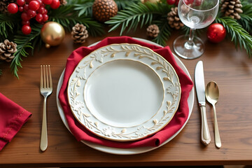 Elegant Festive Holiday Table Setting with Empty Plate Ready for a Sumptuous Meal Celebration, a Gathering of Loved Ones, and Delicious Cuisine