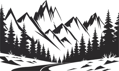 A minimalist vector illustration in black and white depicting a serene mountain landscape, easily editable.