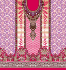 A vibrant textile design featuring intricate patterns in pink, gold, and cream, embellished with ornate motifs and floral accents.