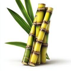 Obraz premium Arrangement of sugar cane stalks with green leaves on light area isolated on white background