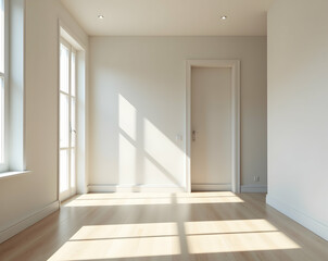 Obraz premium Elegant Minimalist Hallway Interior with Natural Light Streaming Through Windows, Featuring Clean Lines, Wood Floors, and a Serene, Spacious Atmosphere, Ideal for Modern Design Concepts