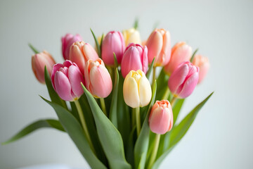 Fototapeta premium Elegant Pastel Tulips, A Modern Bouquet of Soft Hues and Delicate Ribbon Styling, Capturing the Essence of Springtime Blooms with a Fresh and Contemporary Touch