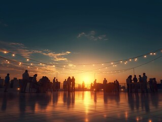 Fototapeta premium Summertime, retro, cityscape: Summertime rooftop party in retro urban setting, people dancing, sunset sky, nostalgic colors.