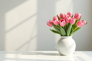 Elegant still life featuring a white vase filled with a vibrant bouquet of fresh pink tulips, illuminated by soft light on a pristine table, creating a serene and inviting ambiance